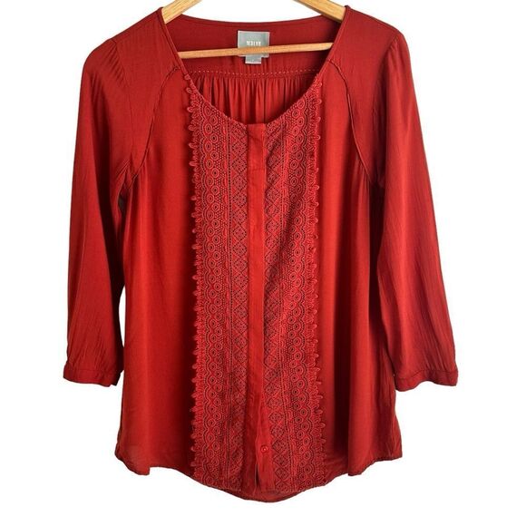 ANTHROPOLOGIE Maeve Rust Color Crescent Street Button Down Crochet Front Blouse - Picture 2 of 9